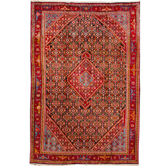 Ardabil Persian Rug 10'0" x 6'7" - Semi Antique Medallion Toranj Herati Mahi Madder Red Dark Red Navy Blue Hand Knotted | front view | SKU 110017