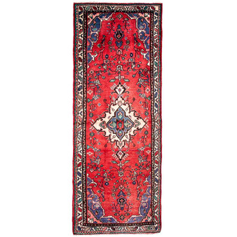Hamadan Persian Rug 9'9" x 3'5" - Semi Antique Afshan Red, Blue Hand Knotted | front view | SKU 112111