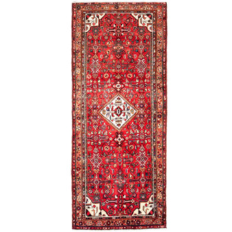 Hamadan Persian Rug 9x3 ft - Semi Antique Afshan Red, Blue Hand Knotted | front view | SKU 112112