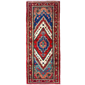 Hamadan Persian Rug 9x3 ft - Semi Antique Afshan Red, Blue Hand Knotted | front view | SKU 112113