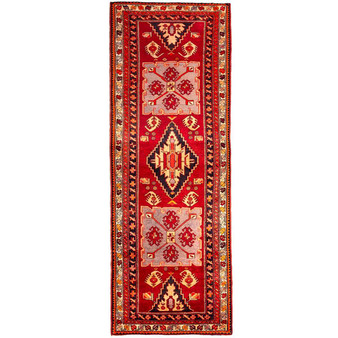 Ardabil Persian Rug 10x3 ft - Semi Antique Medallion Toranj, Geometric Madder Red, Cream, Burgundy Hand Knotted | front view | SKU 112115