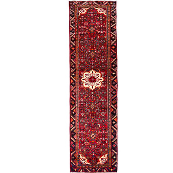 Hamadan Persian Rug 10'4" x 2'9" - Semi Antique Afshan Red, Blue Hand Knotted | front view | SKU 112116