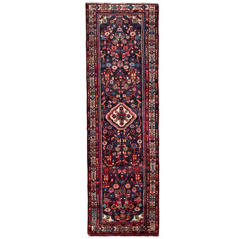 Hamadan Persian Rug 10'6" x 3'1" - Semi Antique Afshan Red, Blue Hand Knotted | front view | SKU 112118