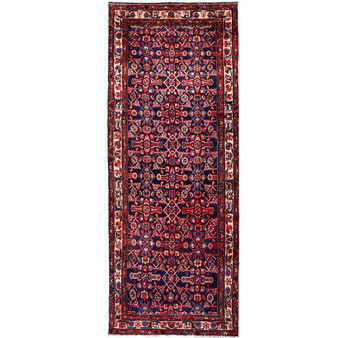 Hamadan Persian Rug 10'2" x 3'7" - Semi Antique Afshan Red, Blue Hand Knotted | front view | SKU 112119