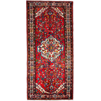 Hamadan Persian Rug 10'2" x 4'7" - Semi Antique Afshan Red, Blue Hand Knotted | front view | SKU 112122