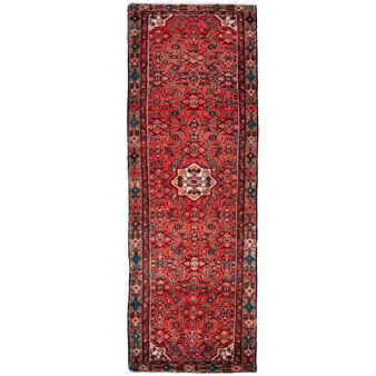 Hamadan Persian Rug 10'4" x 3'3" - Semi Antique Afshan Red, Blue Hand Knotted | front view | SKU 112123