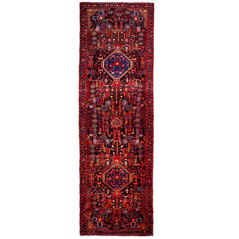 Nahavand Persian Rug 12'10" x 3'9" - Semi Antique Medallion Navy Blue, Red Hand Knotted | front view | SKU 112125