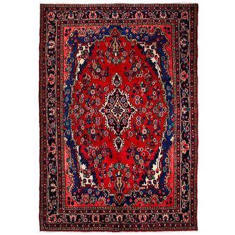 Hamadan Persian Rug 10x6 ft - Semi Antique Afshan Red, Blue Hand Knotted | front view | SKU 112127