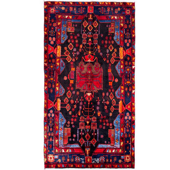 Nahavand Persian Rug 9x5 ft - Semi Antique Medallion Navy Blue, Red Hand Knotted | front view | SKU 112128