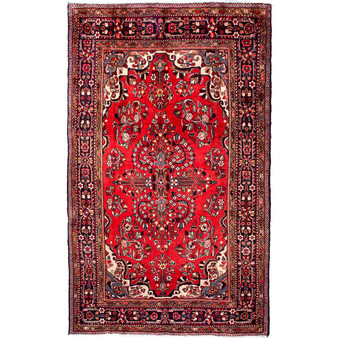 Borchelu Persian Rug 9x5 ft - Semi Antique Medallion (Toranj), Shah Abbasi Red, Burgundy, Navy Blue Hand Knotted | front view | SKU 112131