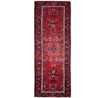 Hamadan Persian Rug 10'7" x 3'9" - Semi Antique Afshan Red, Blue Hand Knotted | front view | SKU 112133