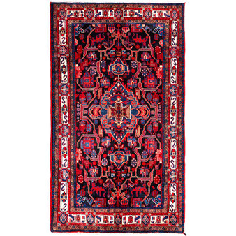 Nahavand Persian Rug 9'10" x 5'7" - Semi Antique Medallion Navy Blue, Red Hand Knotted | front view | SKU 112137