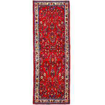 Sarouk Persian Rug 11x3 ft - Semi Antique Medallion Red, Blue Hand Knotted | front view | SKU 112138