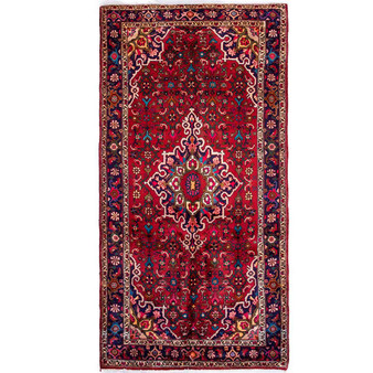 Bijar Persian Rug 9'10" x 4'8" - Semi Antique Medallion Crimson, Navy Blue Hand Knotted | front view | SKU 112139