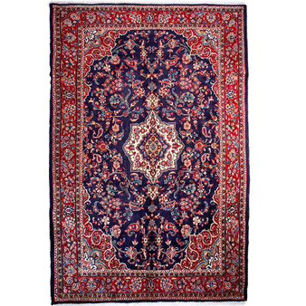 Hamadan Persian Rug 12x7 ft - Semi Antique Medallion (Toranj), Shah Abbasi Navy Blue, Madder Red, Cream Hand Knotted | front view | SKU 112140