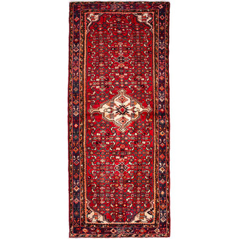 Hamadan Persian Rug 10'0" x 3'9" - Semi Antique Afshan Red, Blue Hand Knotted | front view | SKU 112144