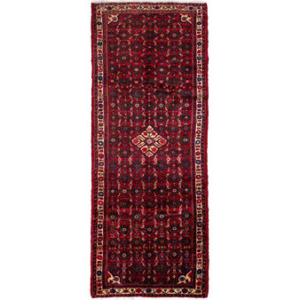 Hosseinabad Persian Rug 9x3 ft - Semi Antique Herati (Mahi), Medallion (Toranj) Crimson, Burgundy, Ivory Hand Knotted | front view | SKU 112146