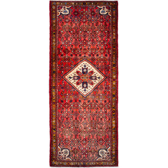 Hamadan Persian Rug 9x3 ft - Semi Antique Herati (Mahi), Medallion (Toranj) Madder Red, Burgundy, Navy Blue Hand Knotted | front view | SKU 112148