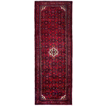 Shiraz Persian Rug 11'2" x 3'11" - Semi Antique Geometric Blue, Red Hand Knotted | front view | SKU 112151
