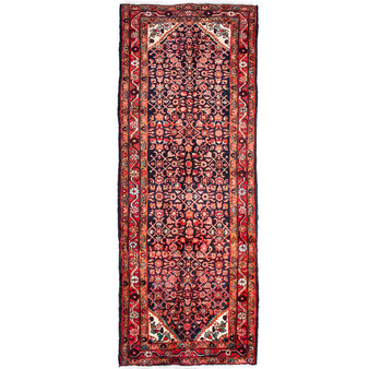 Hamadan Persian Rug 9'8" x 3'7" - Semi Antique Afshan Red, Blue Hand Knotted | front view | SKU 112155