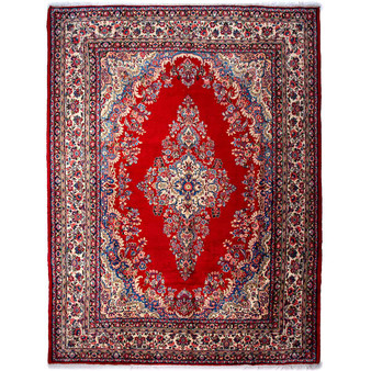 Hamadan Persian Rug 12'8" x 9'2" - Semi Antique Afshan Red, Blue Hand Knotted | front view | SKU 112160