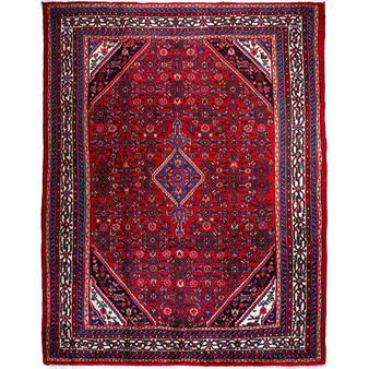 Hamadan Persian Rug 11'12" x 8'11" - Semi Antique Afshan Red, Blue Hand Knotted | front view | SKU 112161