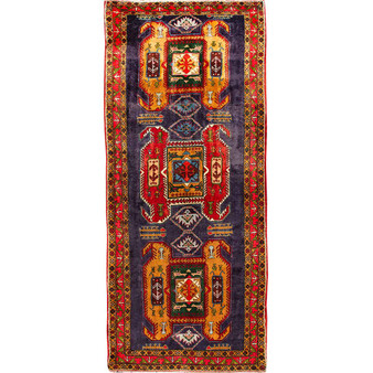 Meshkin Persian Rug 10x4 ft - Semi Antique Geometric Crimson, Green Hand Knotted | front view | SKU 110024