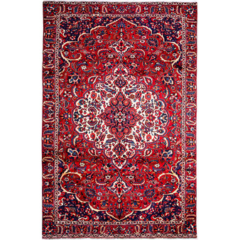 Bakhtiari Persian Rug 10x6 ft - Semi Antique Medallion Toranj, Shah Abbasi Madder Red, Navy Blue, Cream Hand Knotted | front view | SKU 112164