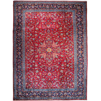 Kashan Persian Rug 14x10 ft - Antique Medallion (Toranj), Shah Abbasi Crimson, Navy Blue, Persian Blue Hand Knotted | front view | SKU 112165