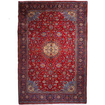 Sarouk Persian Rug 11x8 ft - Semi Antique Medallion (Toranj), Shah Abbasi Madder Red, Persian Blue, Navy Blue Hand Knotted | front view | SKU 112166