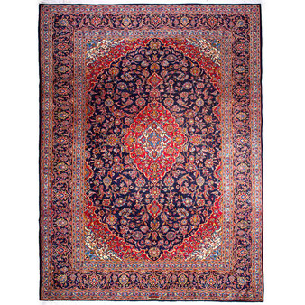 Kashan Persian Rug 13x9 ft - Semi Antique Medallion Crimson, Navy Blue Hand Knotted | front view | SKU 112170