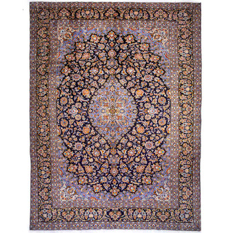 Kashan Persian Rug 13'5" x 9'9" - Semi Antique Medallion Crimson, Navy Blue Hand Knotted | front view | SKU 112172