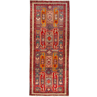 Meshkin Persian Rug 10x4 ft - Semi Antique Kheshti (Garden), Geometric Madder Red, Cream, Navy Blue Hand Knotted | front view | SKU 110025