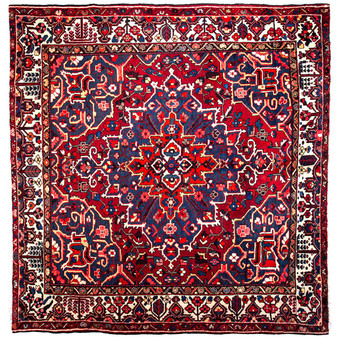Bakhtiari Persian Rug 9x8 ft - Semi Antique Medallion (Toranj), Herati (Mahi) Madder Red, Navy Blue, Cream Hand Knotted | front view | SKU 112173