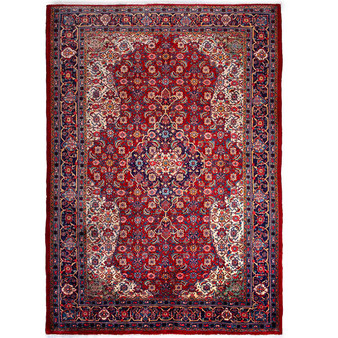 Sarouk Persian Rug 10x7 ft - Semi Antique Medallion (Toranj), Shah Abbasi Madder Red, Navy Blue, Ivory Hand Knotted | front view | SKU 112174
