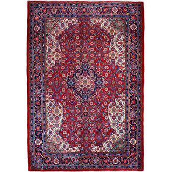 Mahal Persian Rug 10x6 ft - Semi Antique Medallion Ivory, Pink Hand Knotted | front view | SKU 112175