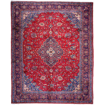 Sarouk Persian Rug 12'8" x 9'8" - Semi Antique Medallion Red, Blue Hand Knotted | front view | SKU 112177
