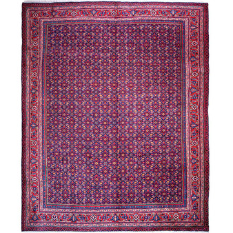 Arak Persian Rug 12x9 ft - Semi Antique Herati (Mahi), Afshan (All-Over) Dark Red, Navy Blue, Crimson Hand Knotted | front view | SKU 112178