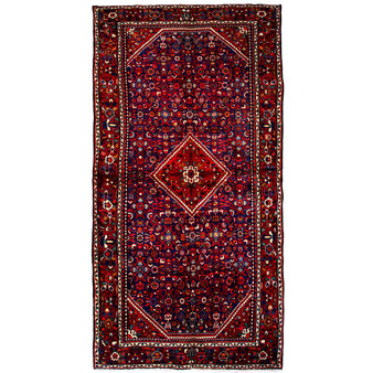Arak Persian Rug 10x5 ft - Semi Antique Medallion (Toranj), Herati (Mahi) Madder Red, Navy Blue, Crimson Hand Knotted | front view | SKU 112181