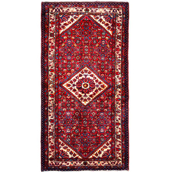 Hosseinabad Persian Rug 6'11" x 3'7" - Semi Antique Medallion Crimson, Ivory Hand Knotted | front view | SKU 112182