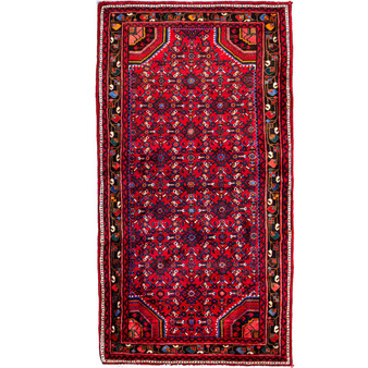 Hosseinabad Persian Rug 7'1" x 3'9" - Semi Antique Medallion Crimson, Ivory Hand Knotted | front view | SKU 112183