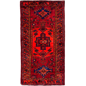 Zanjan Persian Rug 6'9" x 3'4" - Semi Antique Medallion Navy Blue, Crimson Hand Knotted | front view | SKU 112185
