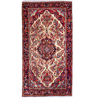 Borchelu Persian Rug 9x4 ft - Semi Antique Shah Abbasi, Medallion (Toranj) Ivory, Madder Red, Navy Blue Hand Knotted | front view | SKU 112186