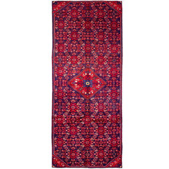 Hosseinabad Persian Rug 9x3 ft - Semi Antique Medallion (Toranj), Herati (Mahi) Crimson, Navy Blue, Burgundy Hand Knotted | front view | SKU 112188