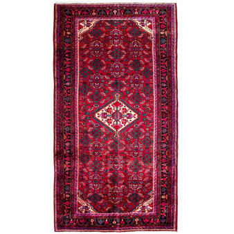 Hosseinabad Persian Rug 9x5 ft - Semi Antique Medallion Crimson, Ivory Hand Knotted | front view | SKU 112189