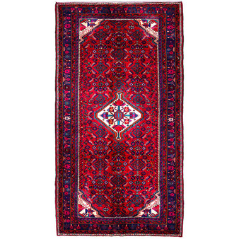Malayer Persian Rug 9x5 ft - Semi Antique Medallion Red, Blue Hand Knotted | front view | SKU 112190
