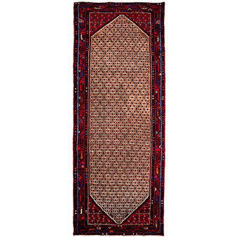 Songhor Persian Rug 10'10" x 3'9" - Semi Antique Geometric Red, Blue Hand Knotted | front view | SKU 112191