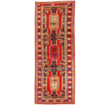 Meshkin Persian Rug 10'8" x 3'10" - Semi Antique Medallion Geometric Madder Red, Crimson, Navy Blue Hand Knotted | front view | SKU 110027