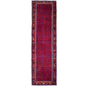 Hamadan Persian Rug 12x3 ft - Semi Antique Herati Afshan Madder Red, Navy Blue, Cream Hand Knotted | front view | SKU 112194