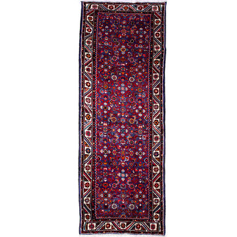 Hamadan Persian Rug 10'3" x 3'7" - Semi Antique Afshan Red, Blue Hand Knotted | front view | SKU 112195